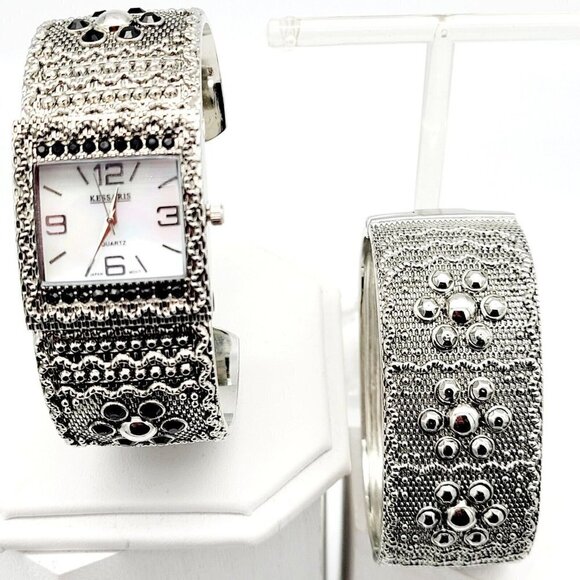 Kessaris Ladies Open Cuff Watch & Hinged Oval Bracelet Set MOP Face Silver Tone - Picture 1 of 10